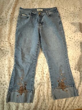 Y2K Embroidered Flare Jeans Nina Rossi Size 10 Boho Floral Cuffed Hem